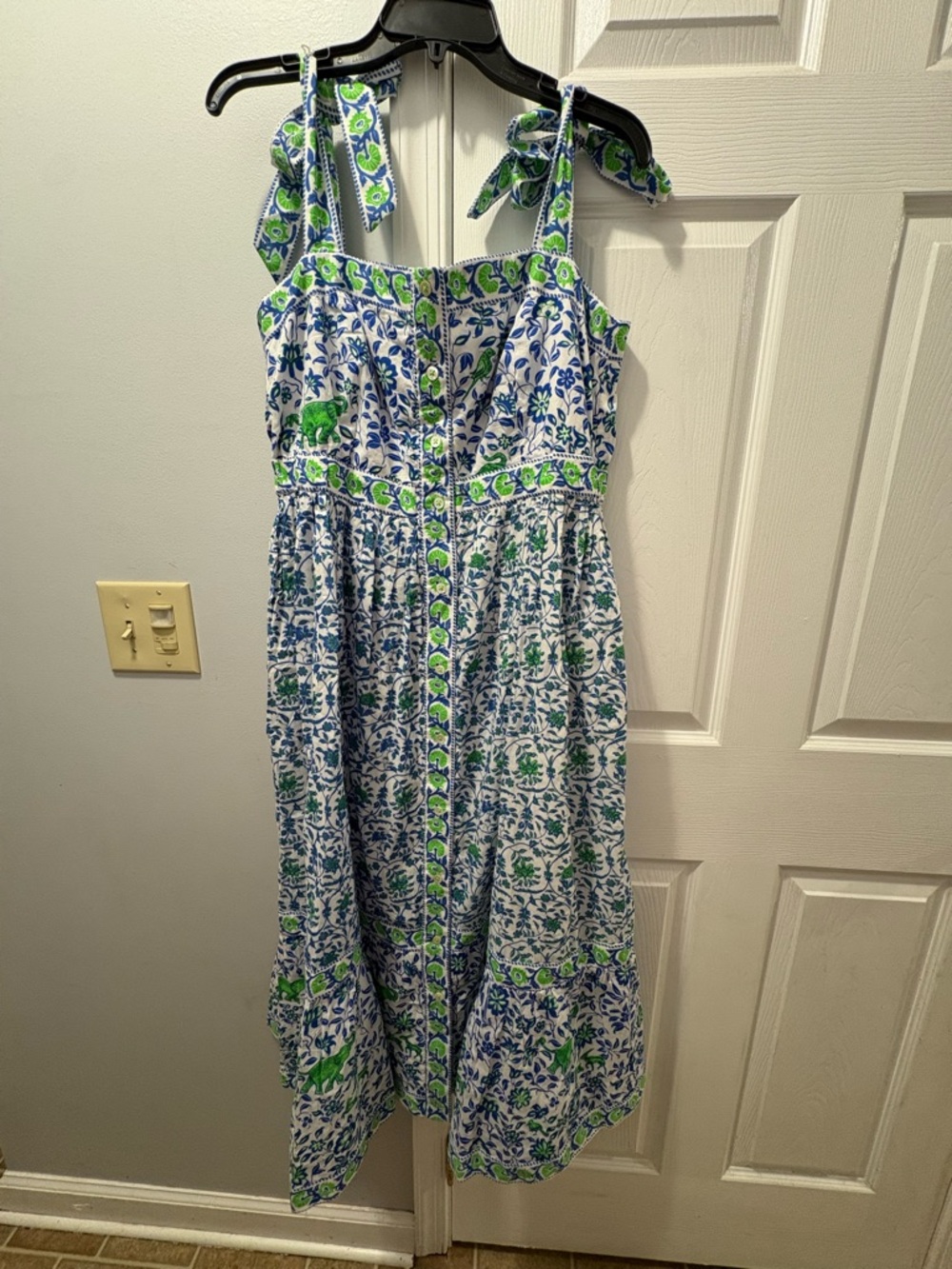 Gretchen Scott Cotton Elephant Print Tie-Shoulder Midi Sundress Size Large